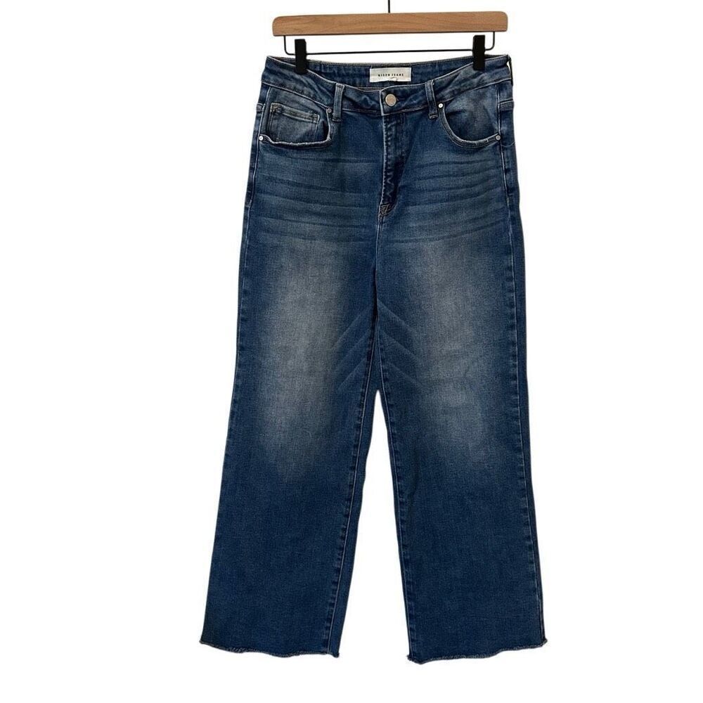 Risen High Rise Wide Leg Cropped Jean 11/30 raw hem Medium Wash boho festival